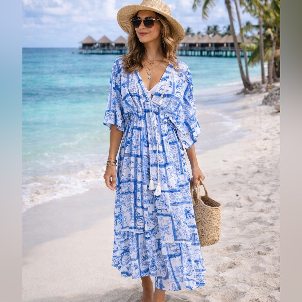 Blue & White Coastal Print Swim Coverup Dress Boho Resort Vacation Beach Maxi L